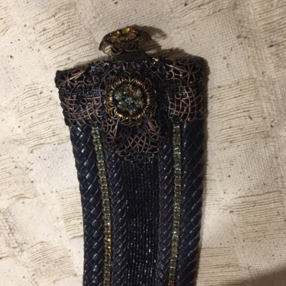 Barrera Beaded Rhinestones Wide Braided Leather BOHO Waist Belt Navy 30" - Picture 12 of 15